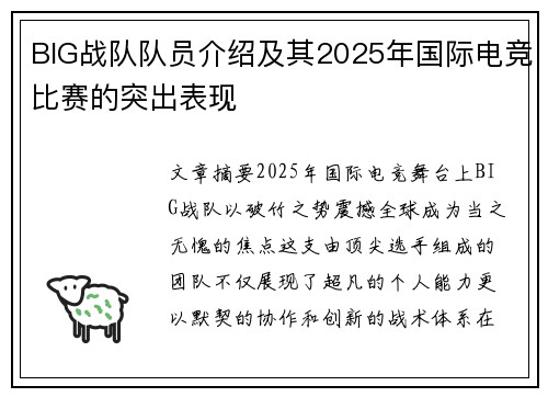 BIG战队队员介绍及其2025年国际电竞比赛的突出表现