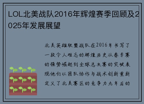 LOL北美战队2016年辉煌赛季回顾及2025年发展展望