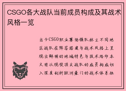 CSGO各大战队当前成员构成及其战术风格一览